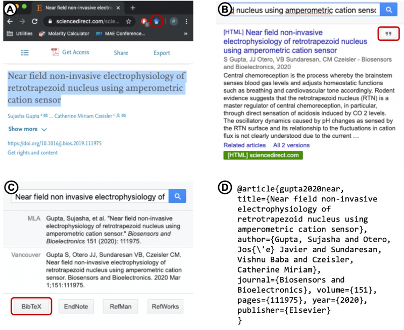 Screen shots showing steps involved in using the Google Scholar Extension for reference management 