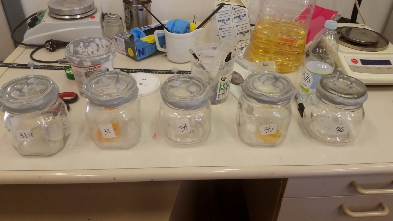 Bacteria samples ready for analysis with PTR-tof-MS Jars containing bacteria samples ready for analysis in the lab