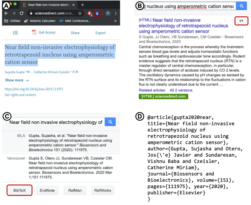 Using Google Scholar Extension Screen shots showing steps involved in using the Google Scholar Extension for reference management