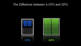 Graphic showing the difference between a CPU and GPU. 