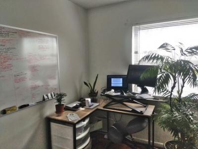 Zach's work from home set-up including a desk, white board, computer, seat, storage area, houseplants and a sunny window. 