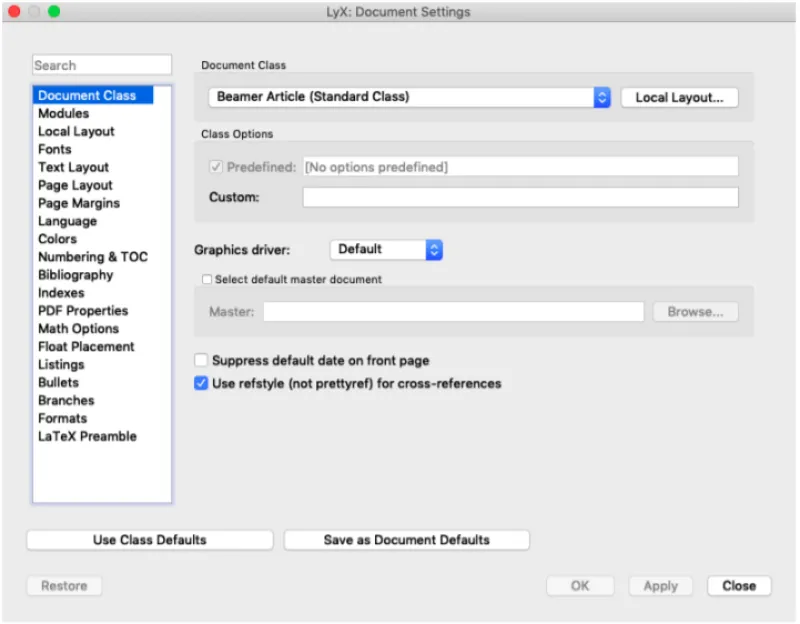 : LYX Document Settings with the Beamer Article class selected in the Document Class dropdown.