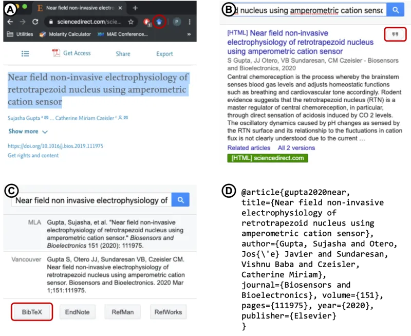 Screen shots showing steps involved in using the Google Scholar Extension for reference management 